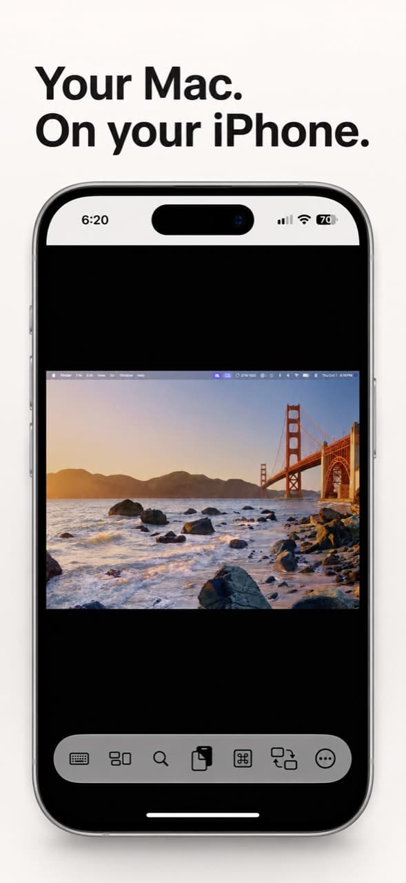 Your Mac. On your iPhone. Simple VNC showing a Mac desktop and its compact floating controls.