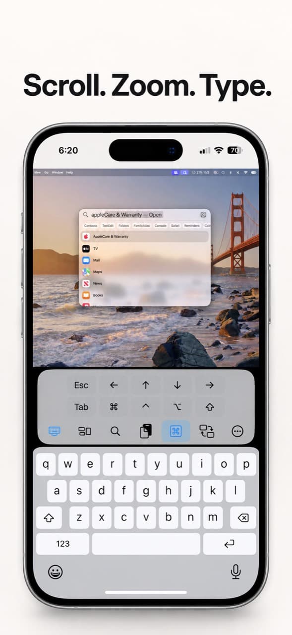 Scroll. Zoom. Type. Simple VNC showing a zoomed Mac desktop, extended keys and the iPhone keyboard.