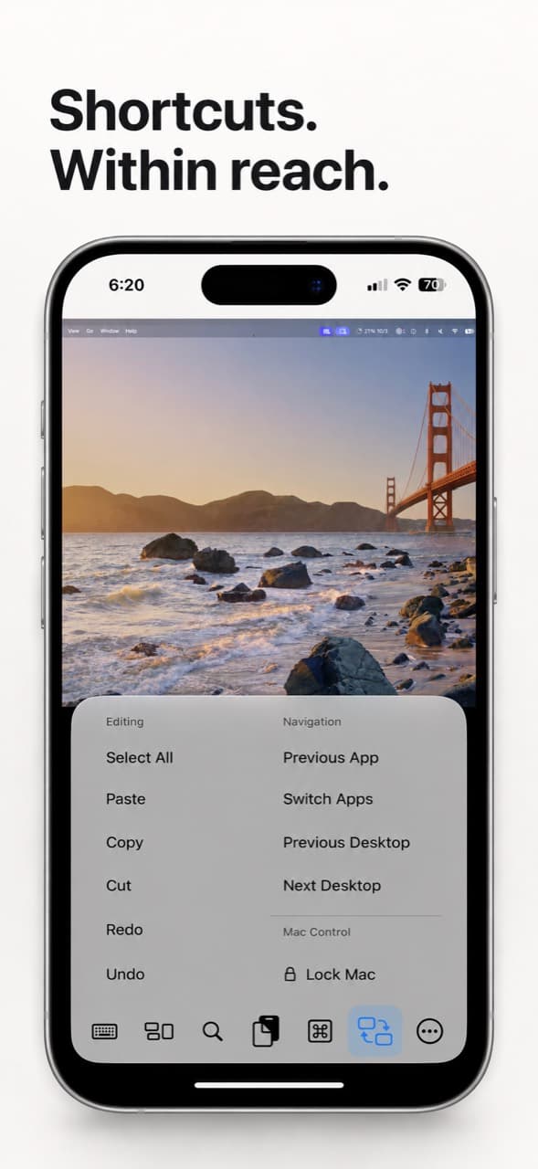 Shortcuts. Within reach. Simple VNC's two-column editing and navigation menu.