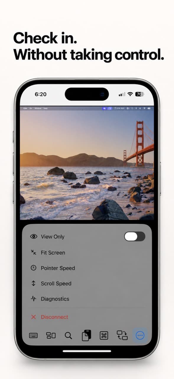 Check in. Without taking control. Simple VNC's session menu with the View Only option.