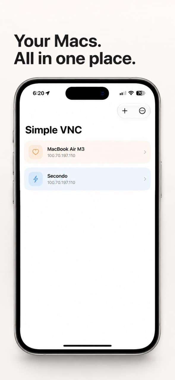 Your Macs. All in one place. Simple VNC's saved connection library.
