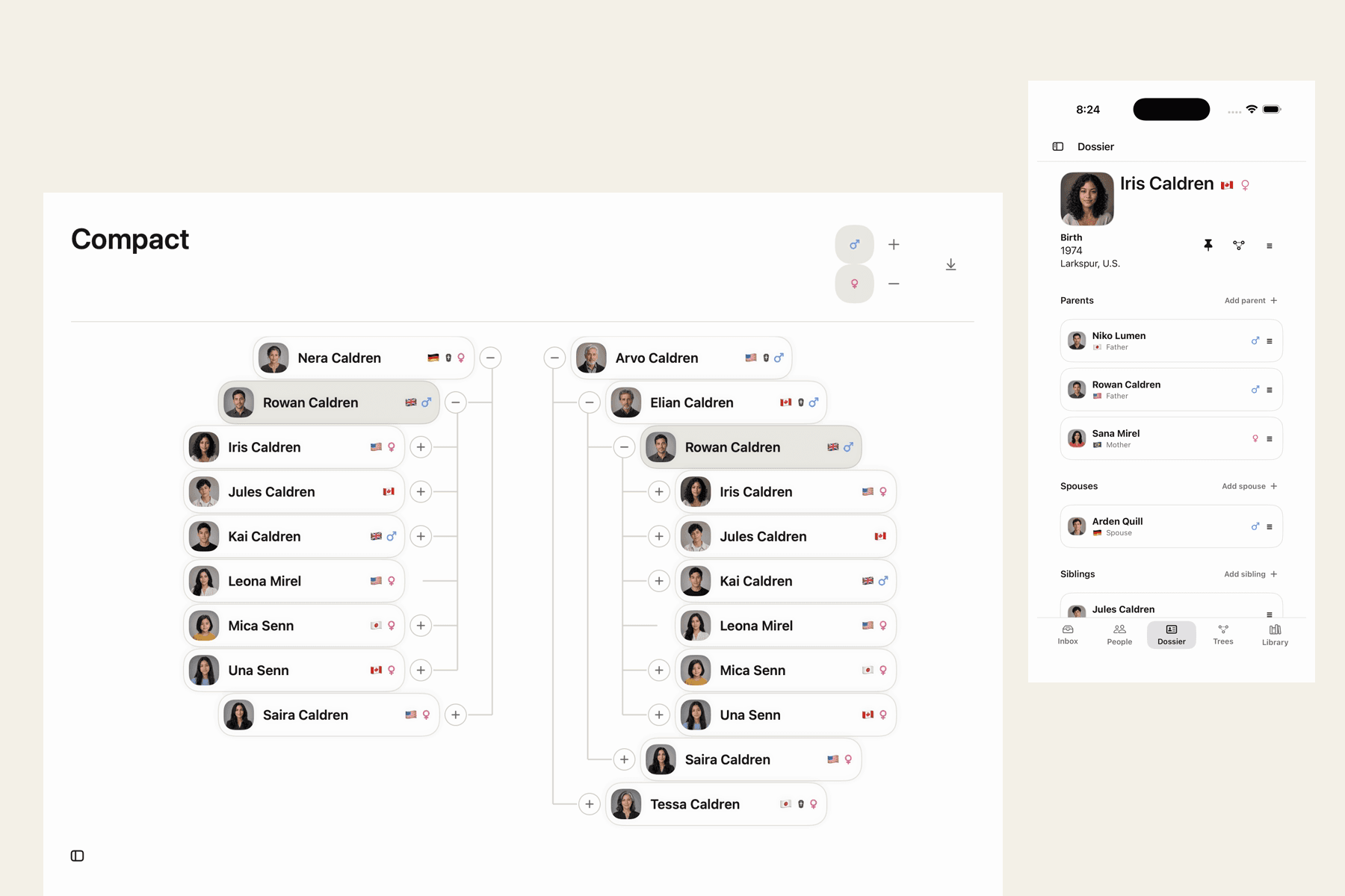 Family Atlas family tree beside an iPhone person record.