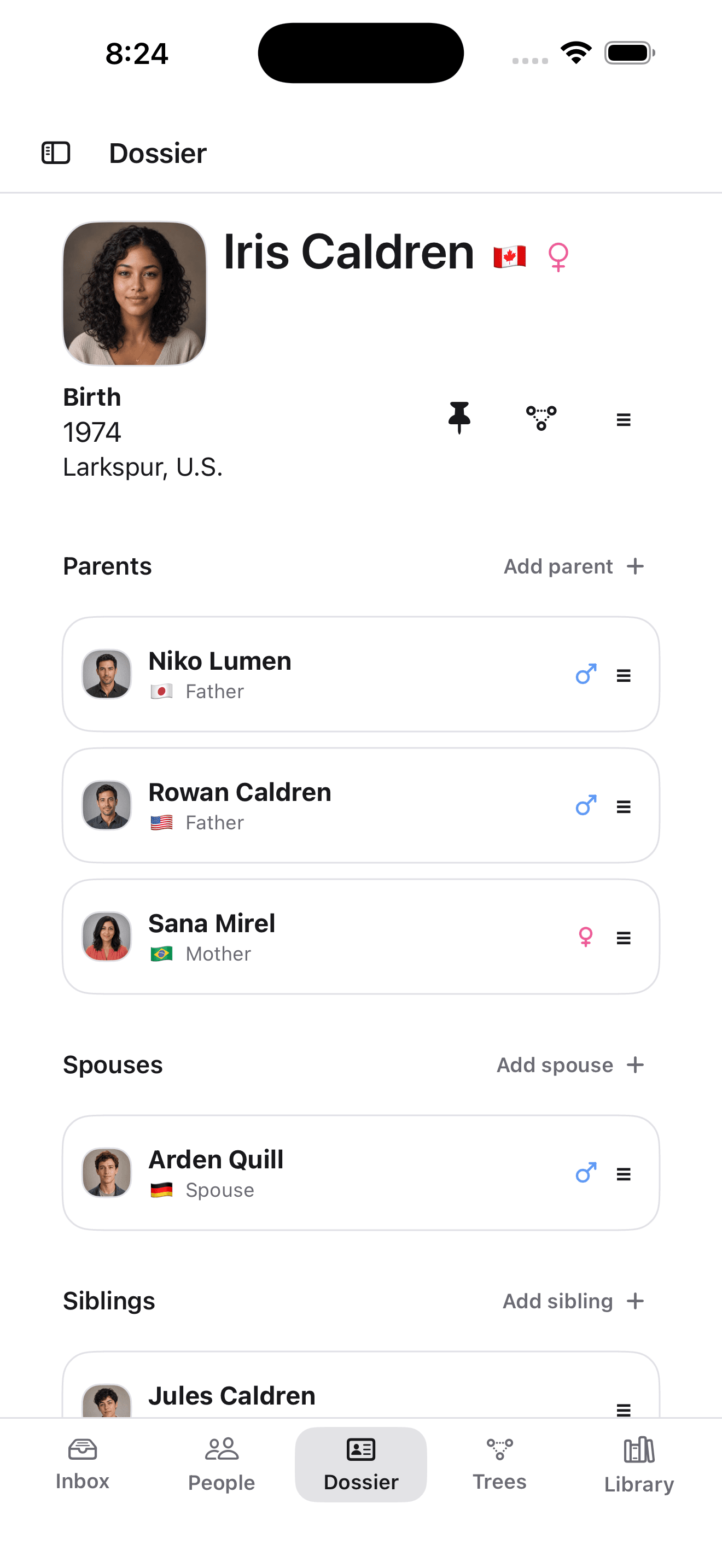Family Atlas iPhone record for a fictional family member.