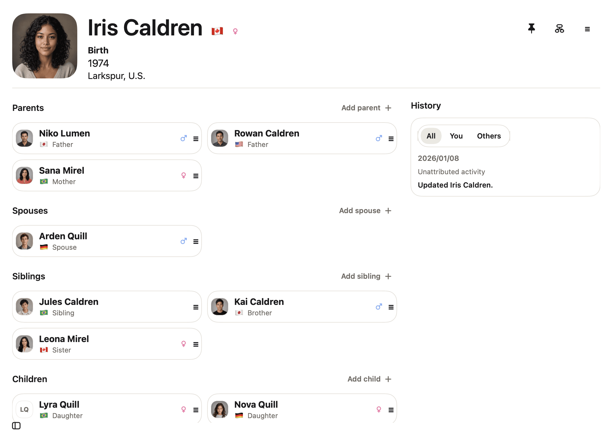 Detailed fictional person and relationship record in Family Atlas for Mac.