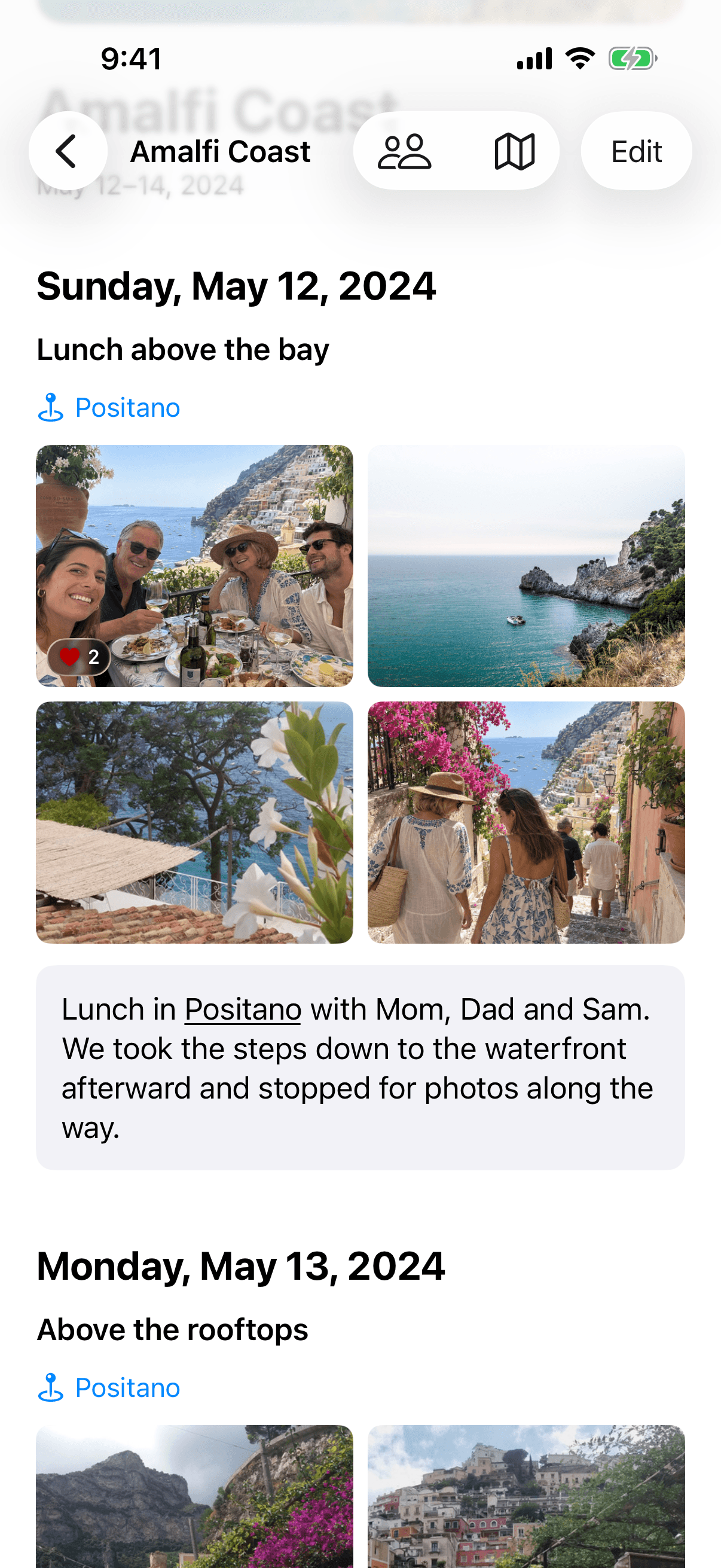 Family Days journal with a fictional Amalfi Coast trip, selected family photos, and daily notes.
