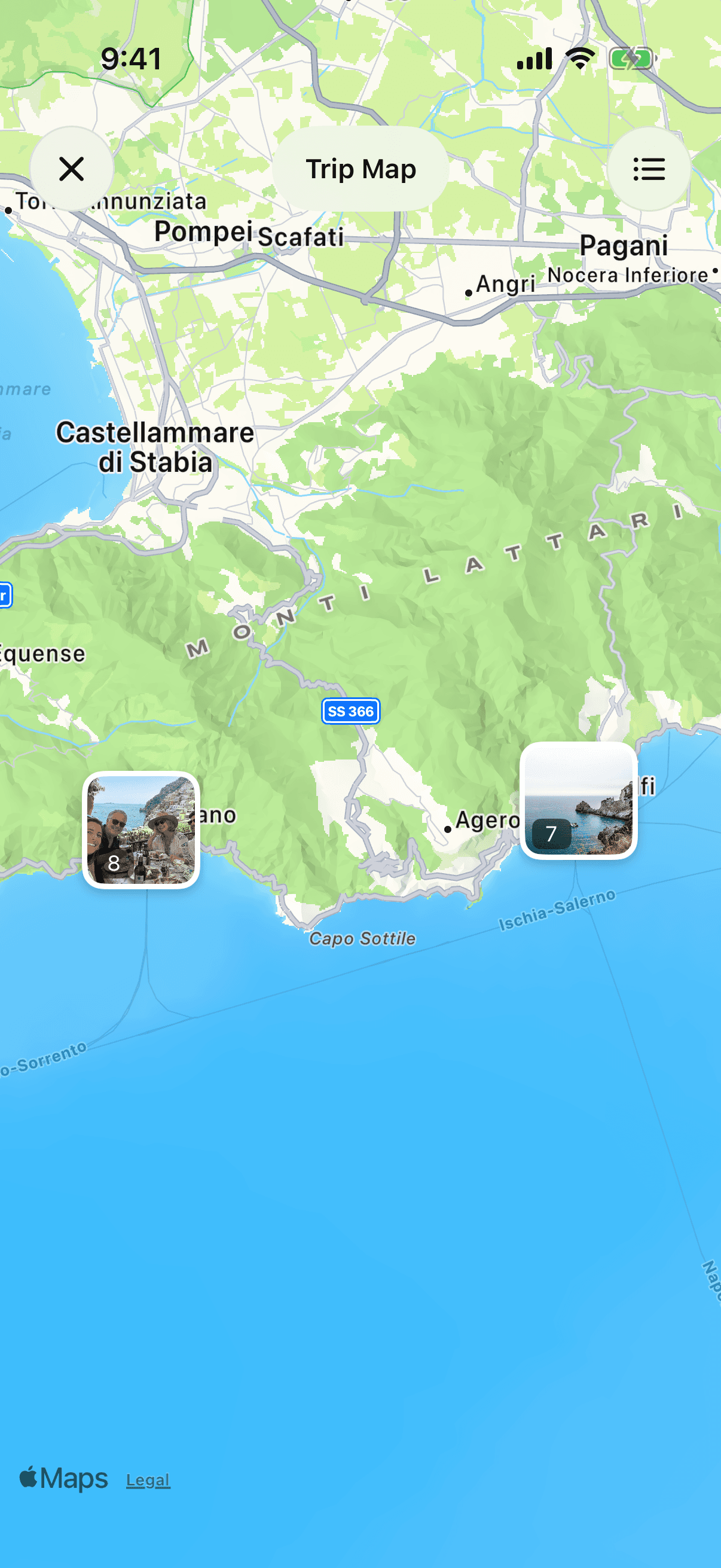 Family Days trip map with photo groups around Positano and Amalfi, with Apple Maps attribution visible.