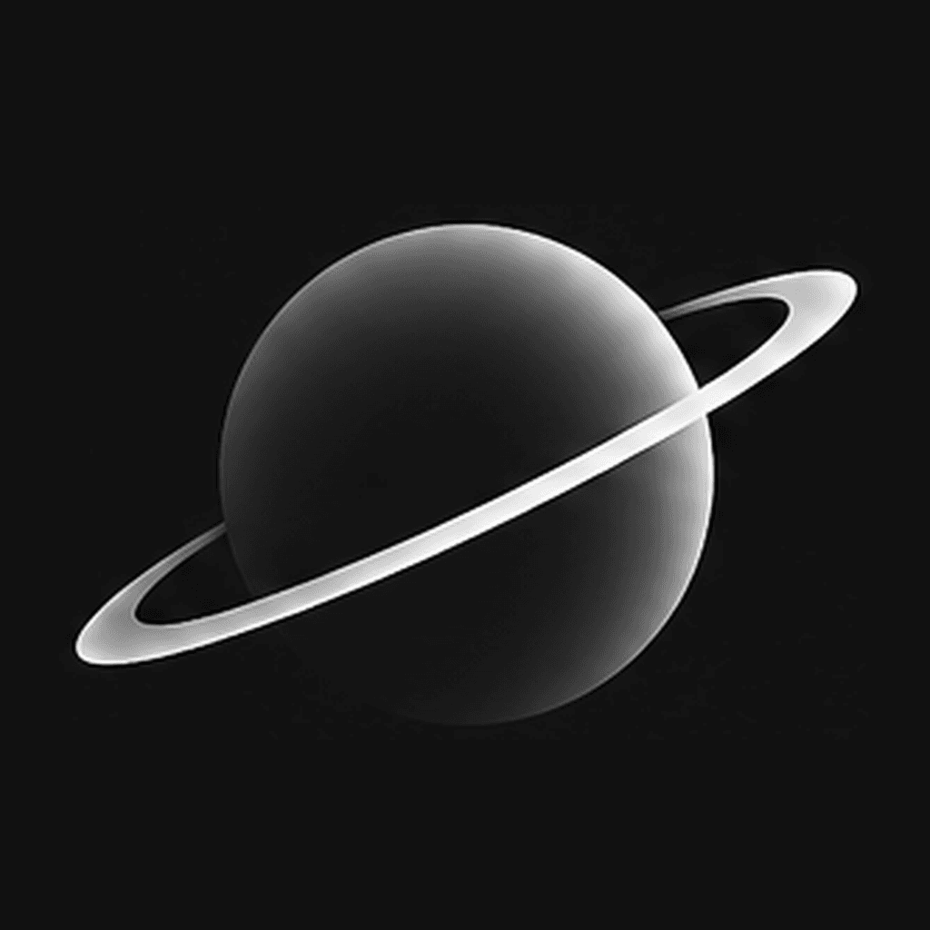 Simply Sky app icon, a silver ringed planet on a dark background.