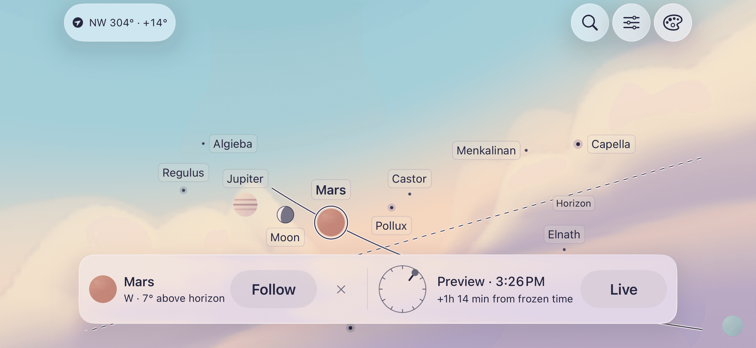 Simply Sky in landscape with Mars selected, nearby sky objects, and the native time-preview controls.