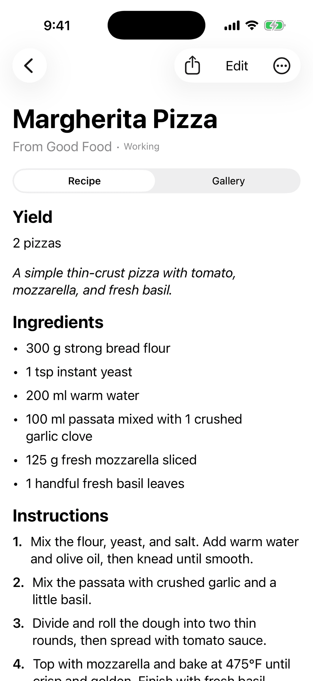 Family Folio recipe detail with ingredients and instructions.