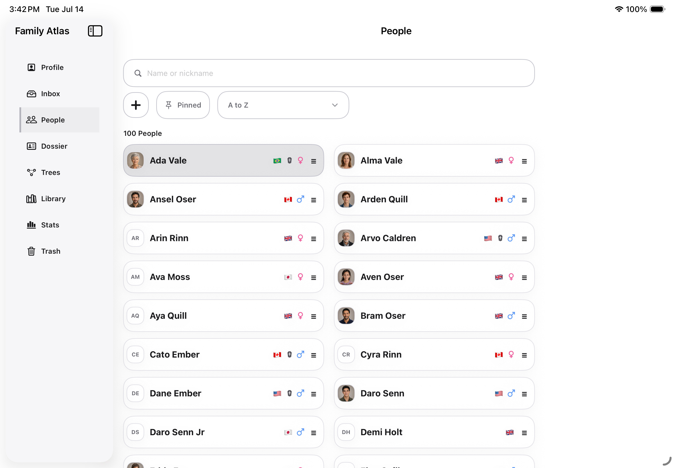 Family Atlas people directory on iPad with a fictional 100-person library.